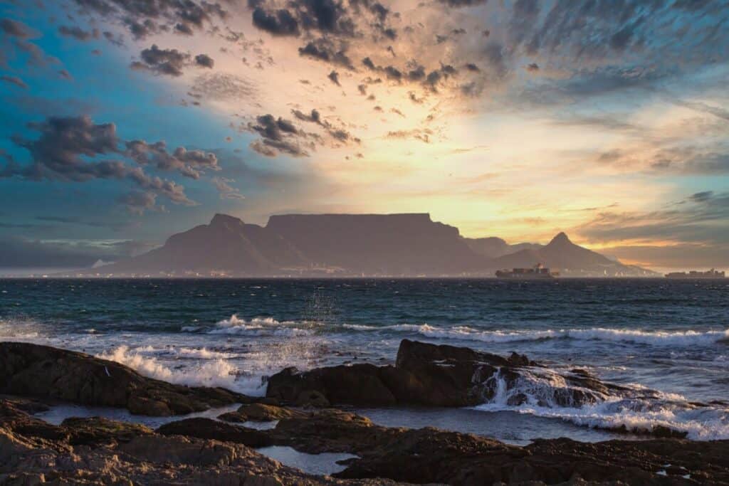 Table Mountain beyond the Sea at Sunset. This is the home of the Mona Lavender plant,