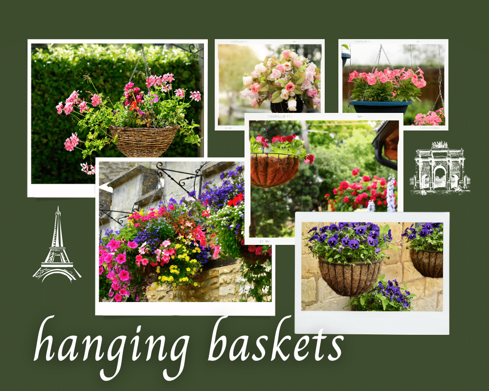 Hanging flower baskets of various materials, designed to last.