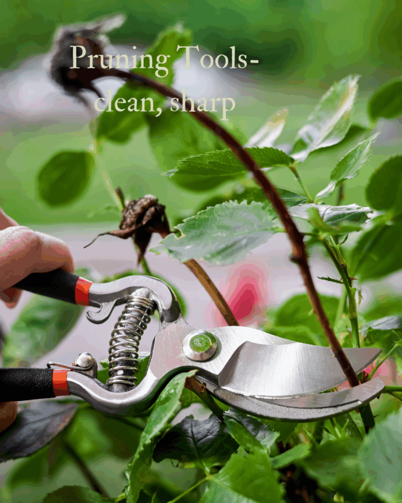 Pruning spent rose blooms, deadheading woody stems with thorns.