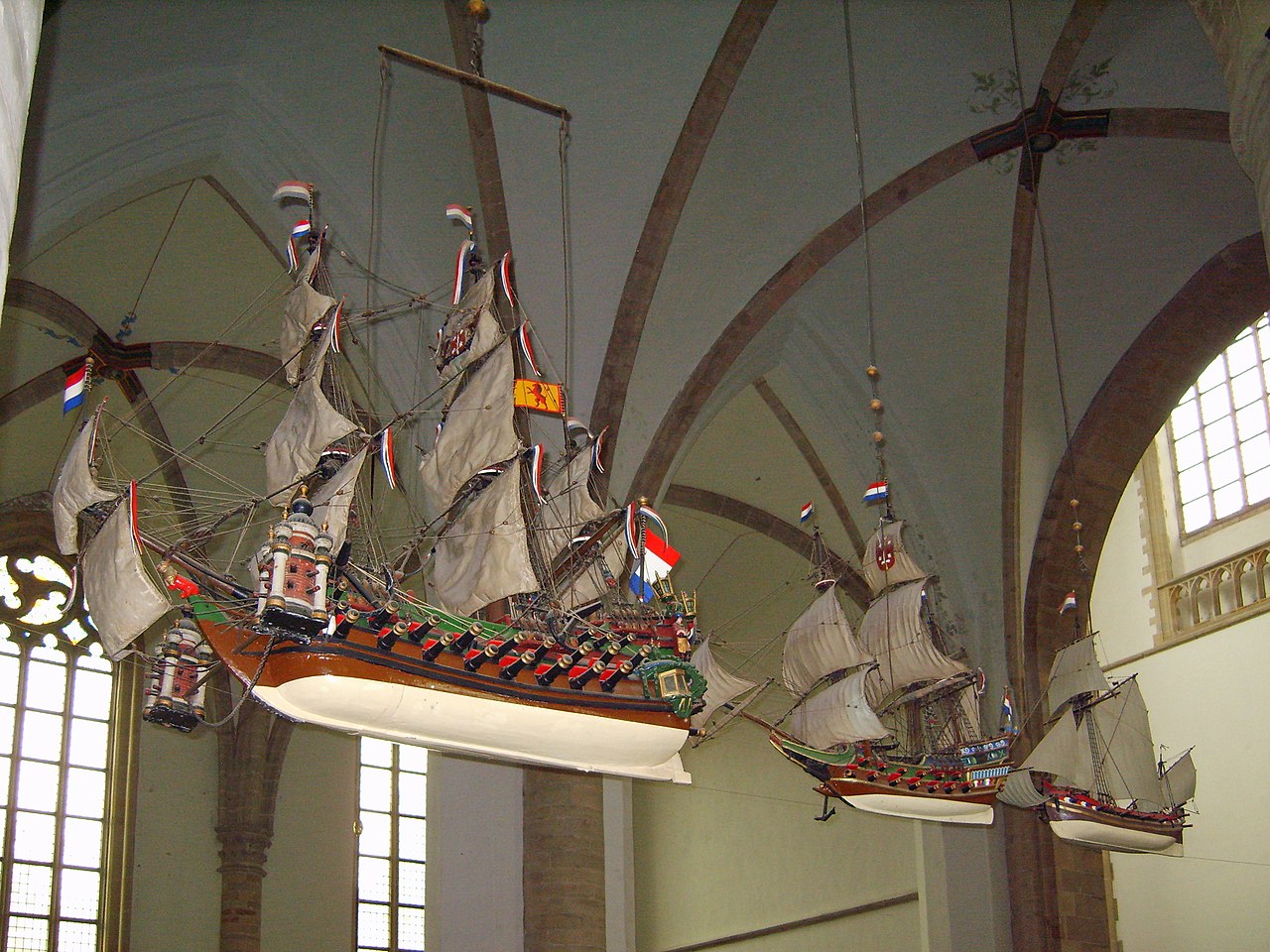 Hanging model of sailing ship in St Bavo church Haarlem