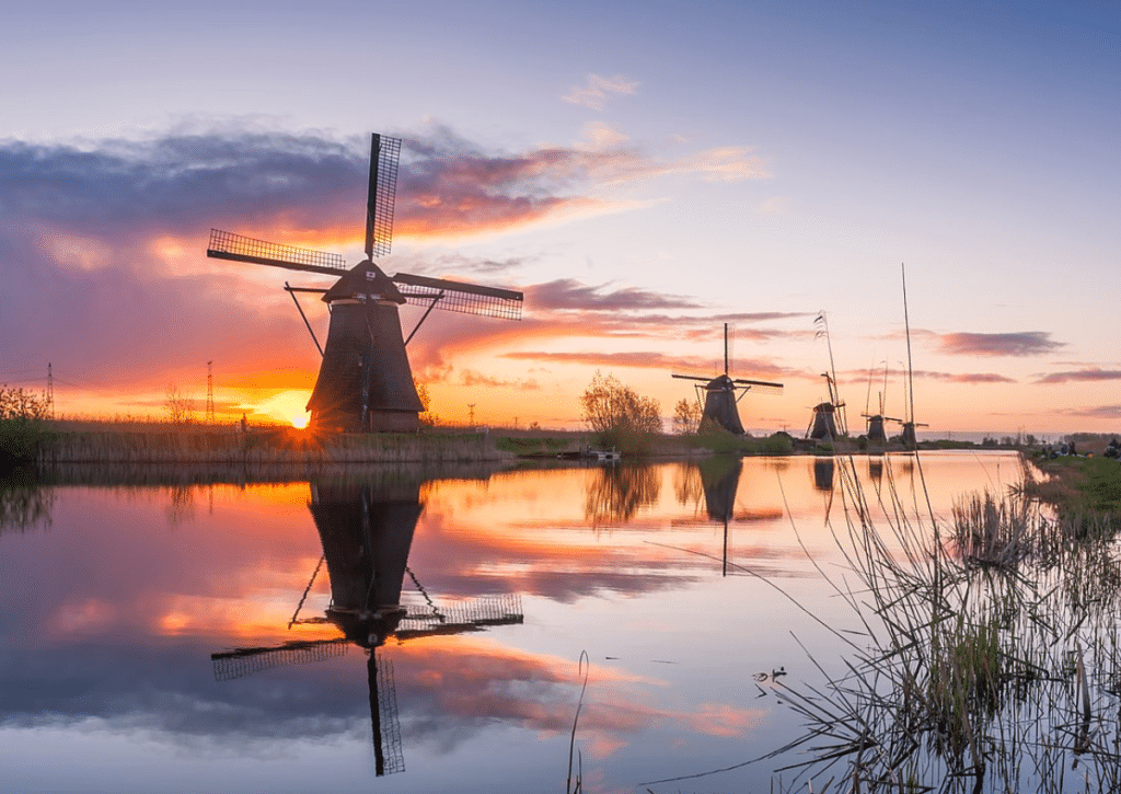 A group of 18th century windmills in Kinderdijk Netherlands