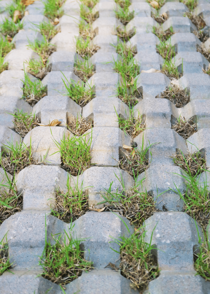 Porous concrete pavers with grass growing through the openings in a narrow side yard.Porous concrete pavers with grass growing through the openings in a narrow side yard.