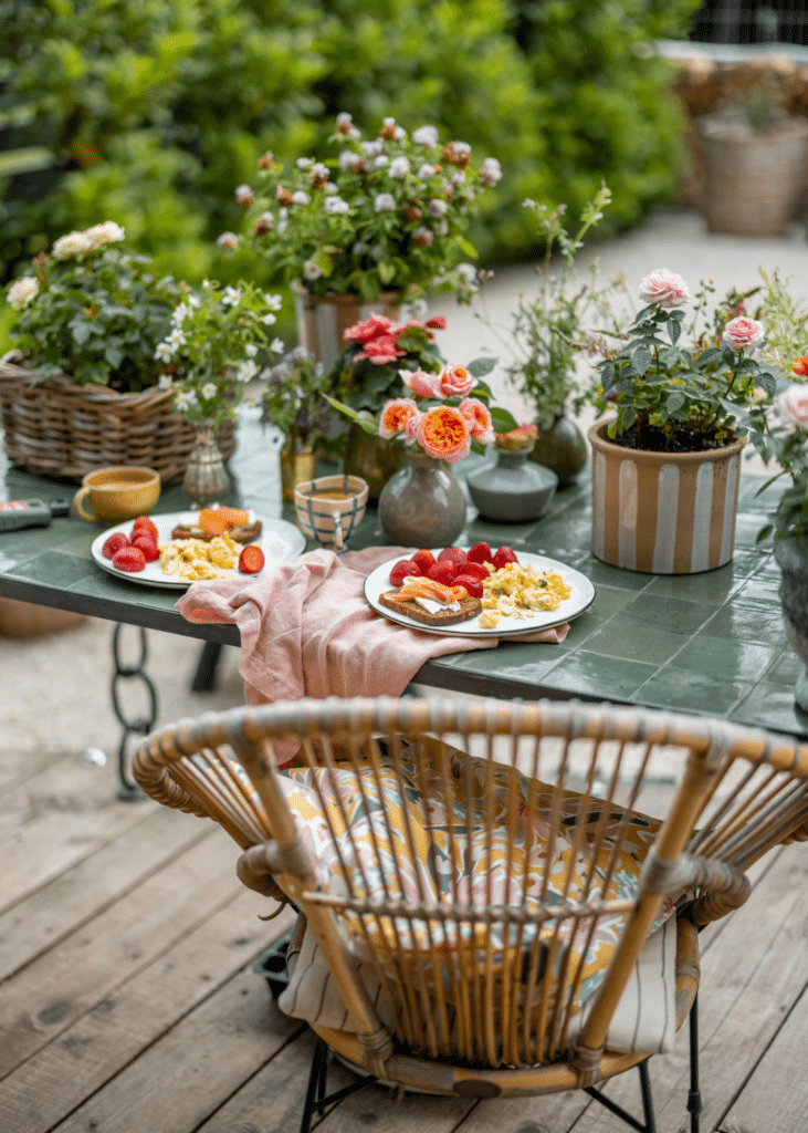 Outdoor dining patio, with brunch, flowers and a local view