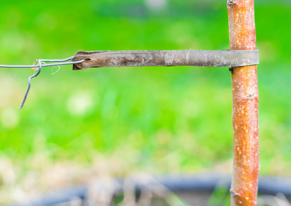 Young tree supported by stakes to prevent wind damage.