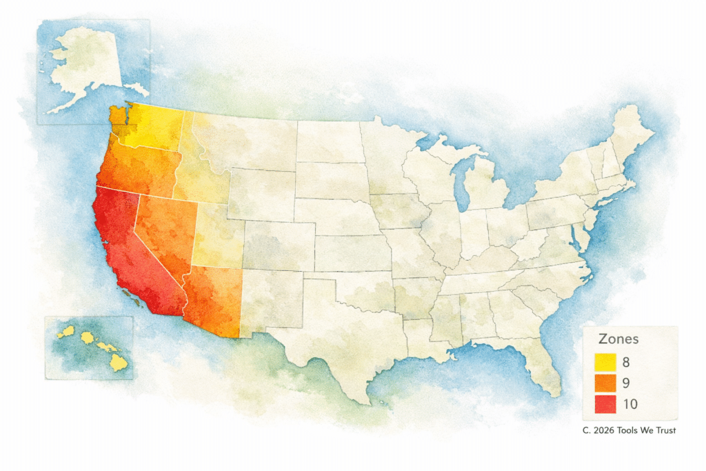 Full‑country map of the United States with the Pacific West region (Zones 8–10) highlighted in color.
