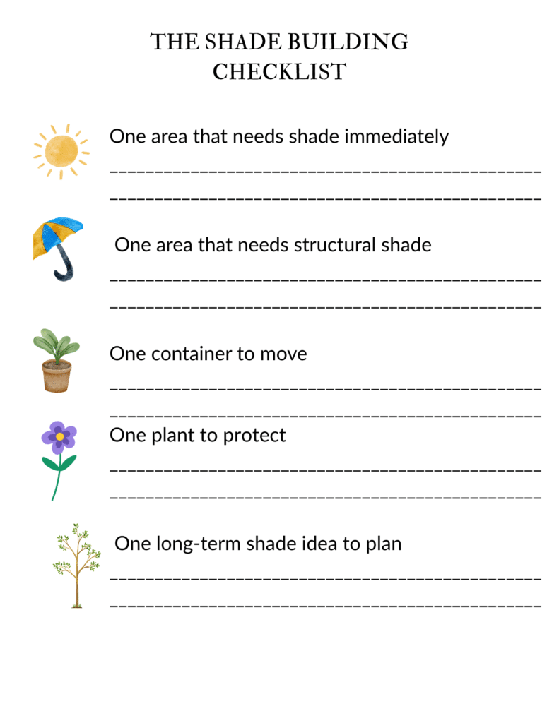 Checklist to use in hot weather, shows ideas for hot gardens.