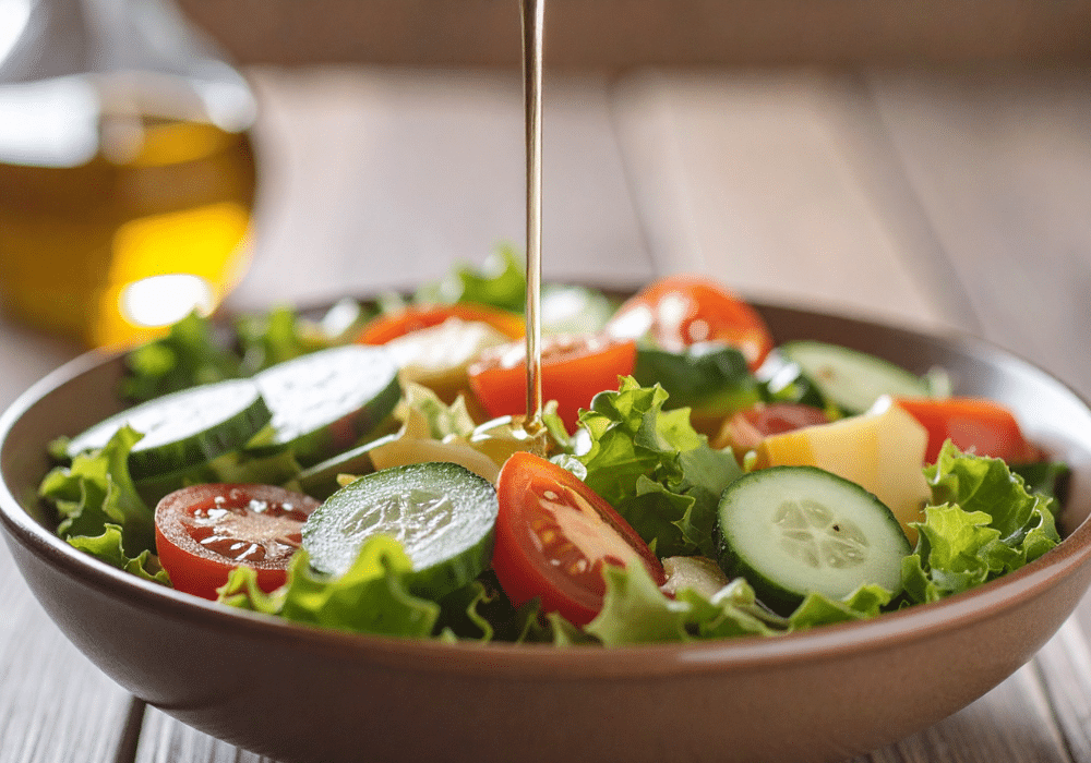 a lettuce salad with dressing being added