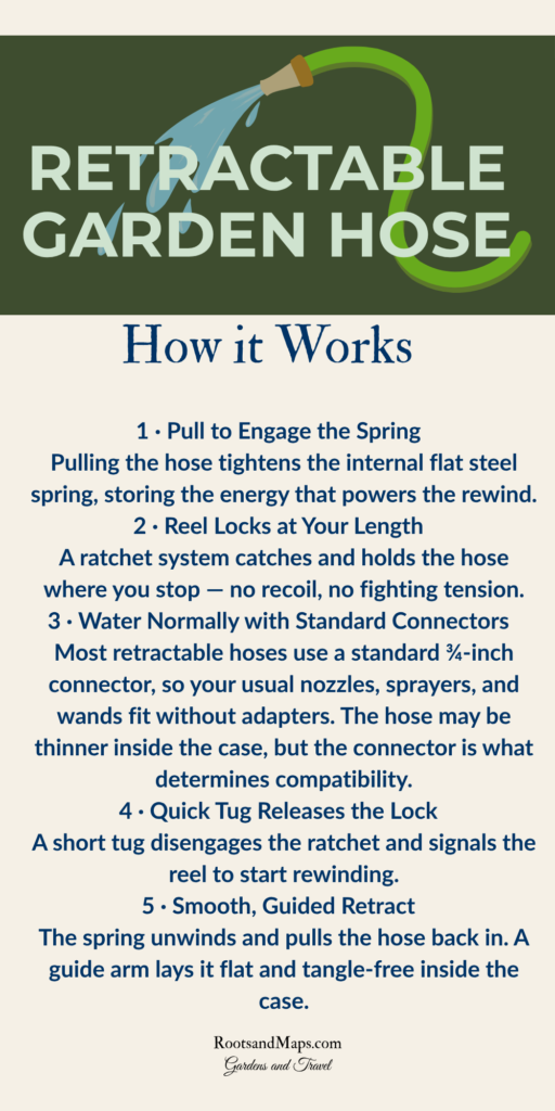 steps in how a retractable garden  hose works
