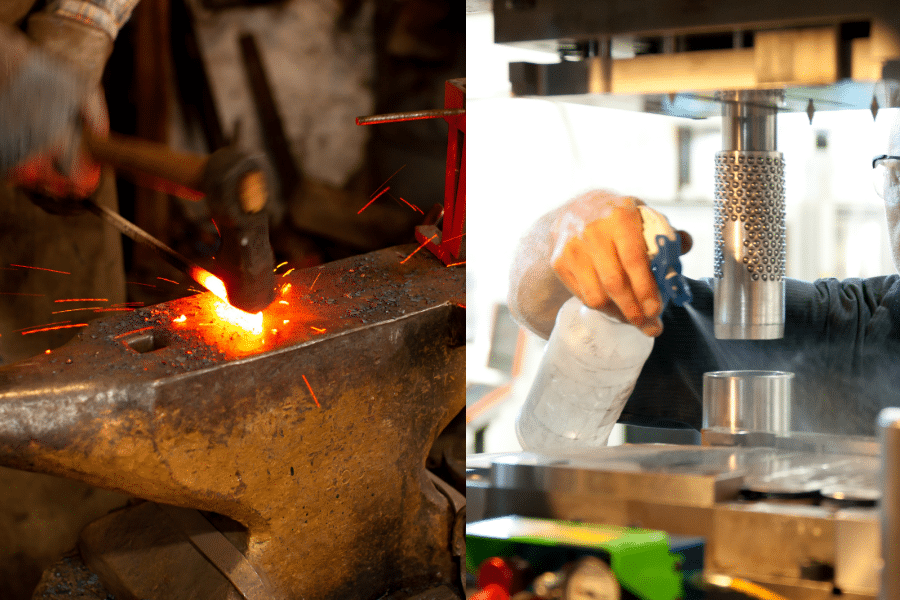 Left Image Alt Text Forged steel being shaped in a foundry under extreme heat to produce a dense, long‑lasting garden tool head. Right Image Alt Text Steel being stamped into shape by a press, forming a lightweight tool head through rapid mechanical shaping.