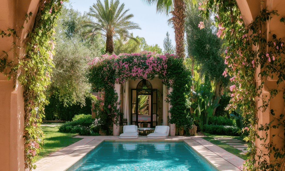 a private riad garden with shaded entrance